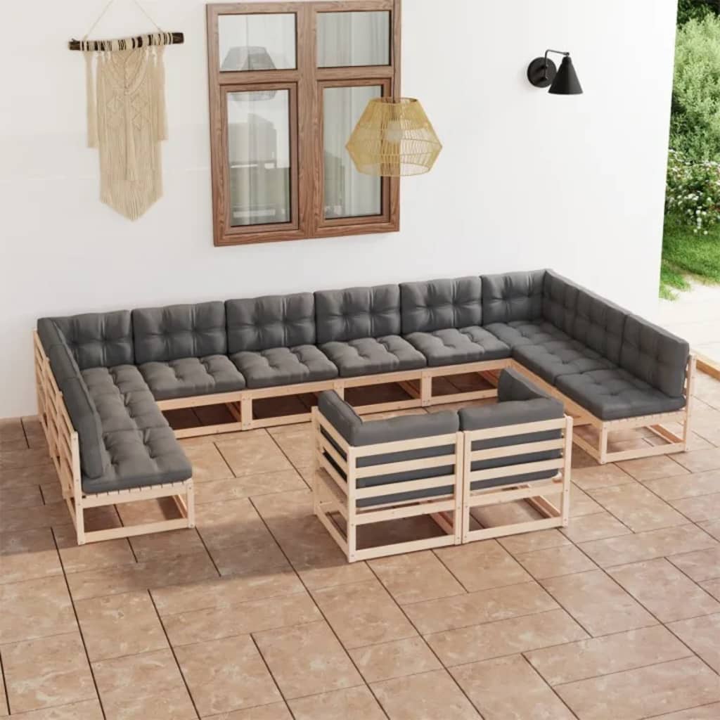 12-tlg. Garten-Lounge-Set mit Kissen Kiefer Massivholz